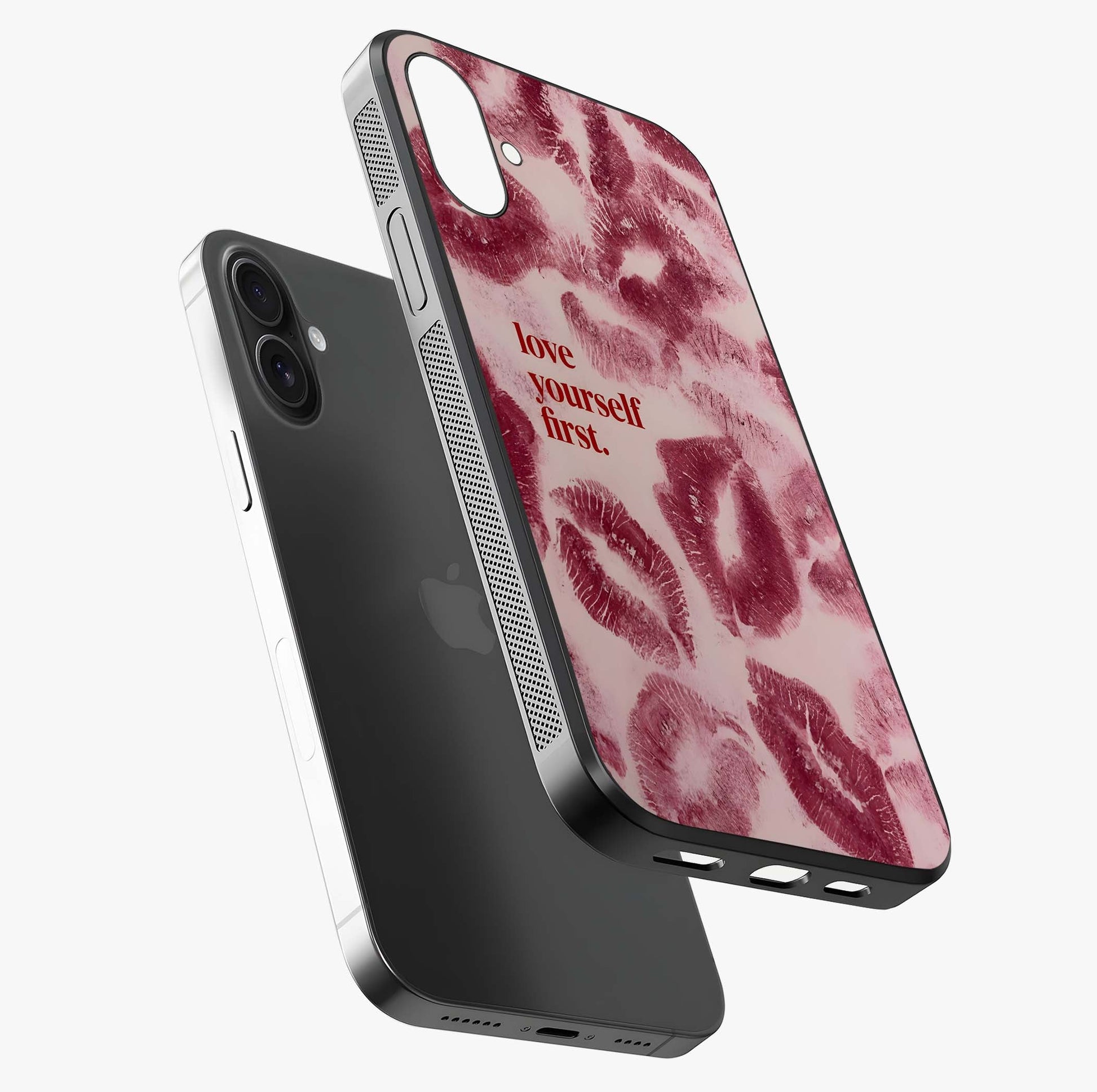 Crimson Kiss Love Glass Case laid diagonally highlighting side profile, edges and glossy glass shine.