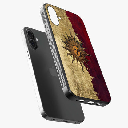 Crimson Sun Majesty Glass Case laid diagonally highlighting side profile, edges and glossy glass shine.