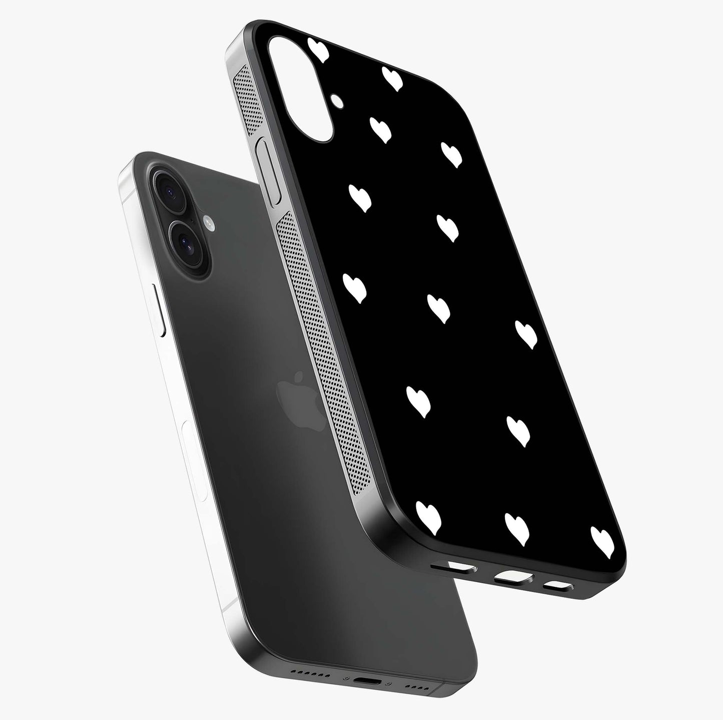 Cute And Simple White Hearts Glass Case laid diagonally highlighting side profile, edges and glossy glass shine.