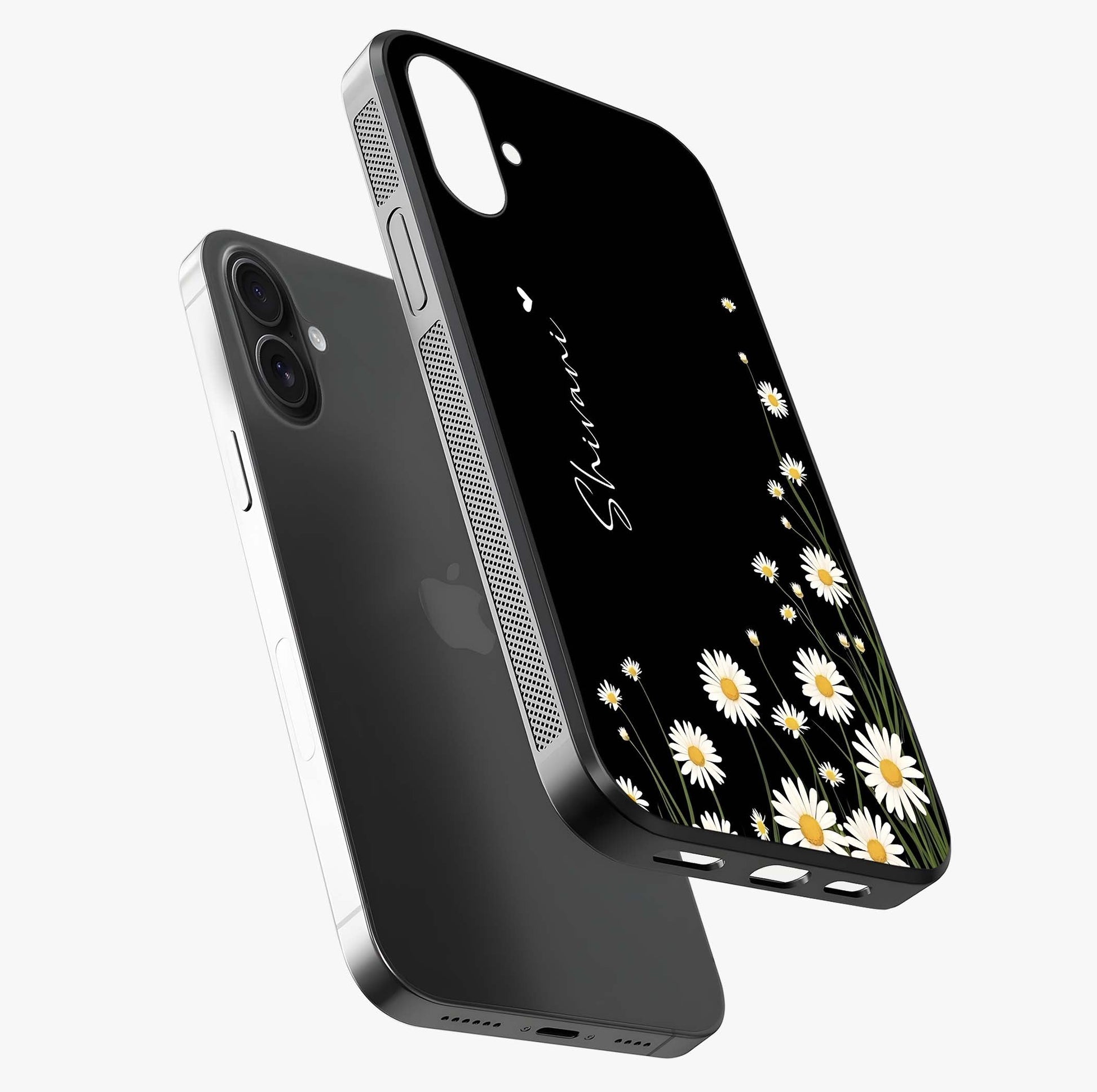 Daisy Cascade Custom Name Glass Case laid diagonally highlighting side profile, edges and glossy glass shine.
