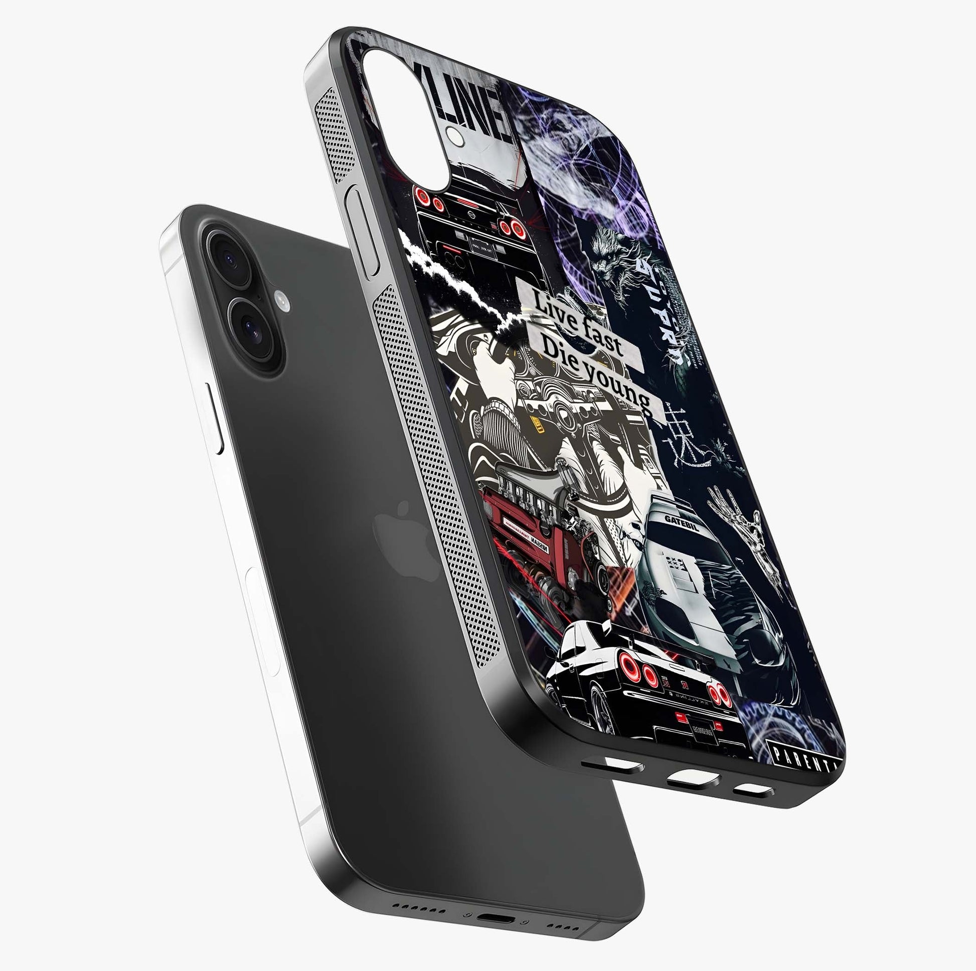 Die Young Glass Case laid diagonally highlighting side profile, edges and glossy glass shine.