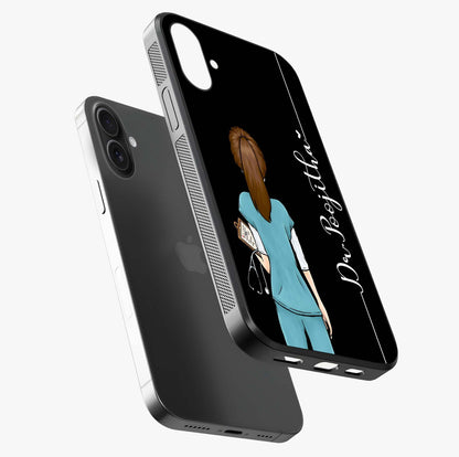 Doctor Pattern Custom Name Glass Case laid diagonally highlighting side profile, edges and glossy glass shine.