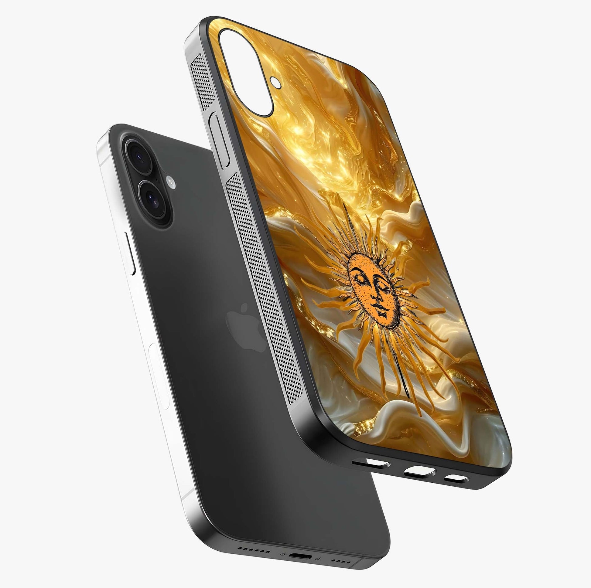 Eternal Golden Glow Glass Case laid diagonally highlighting side profile, edges and glossy glass shine.