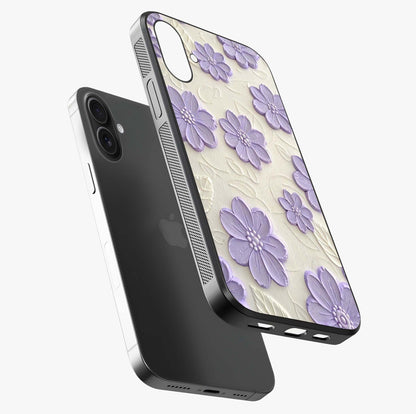 Floral Wall Art With Purple Flowers Glass Case laid diagonally highlighting side profile, edges and glossy glass shine.