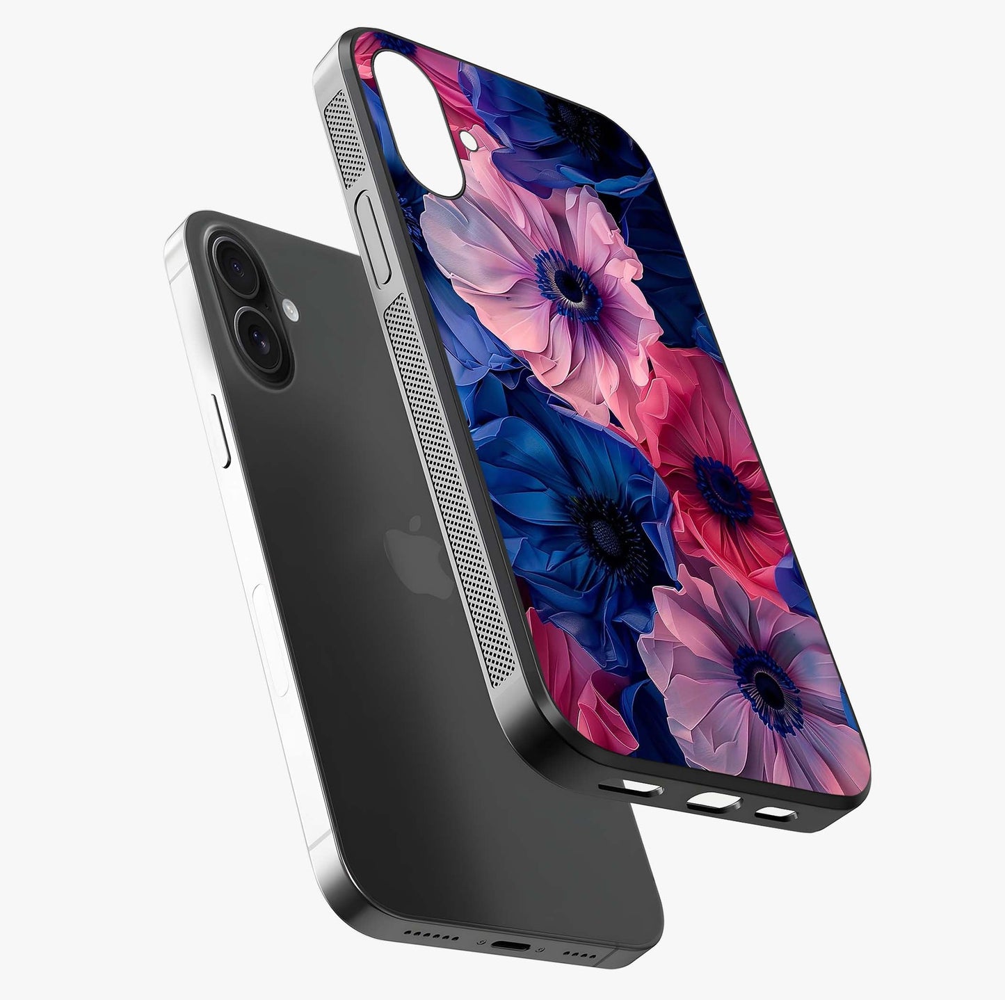 Flower Paper Art Pattern Glass Case laid diagonally highlighting side profile, edges and glossy glass shine.