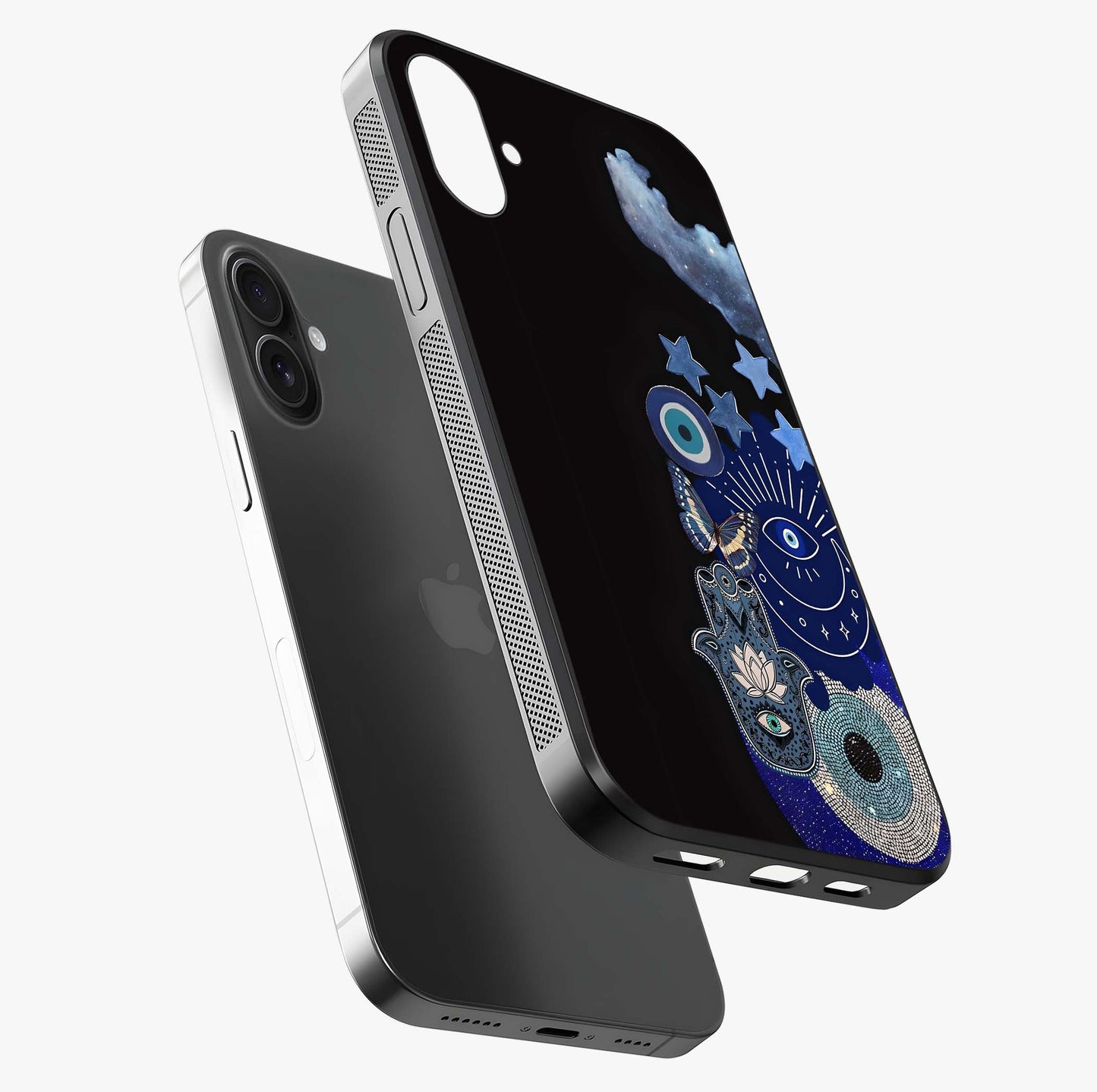 Galactic Charm Cluster Glass Case laid diagonally highlighting side profile, edges and glossy glass shine.