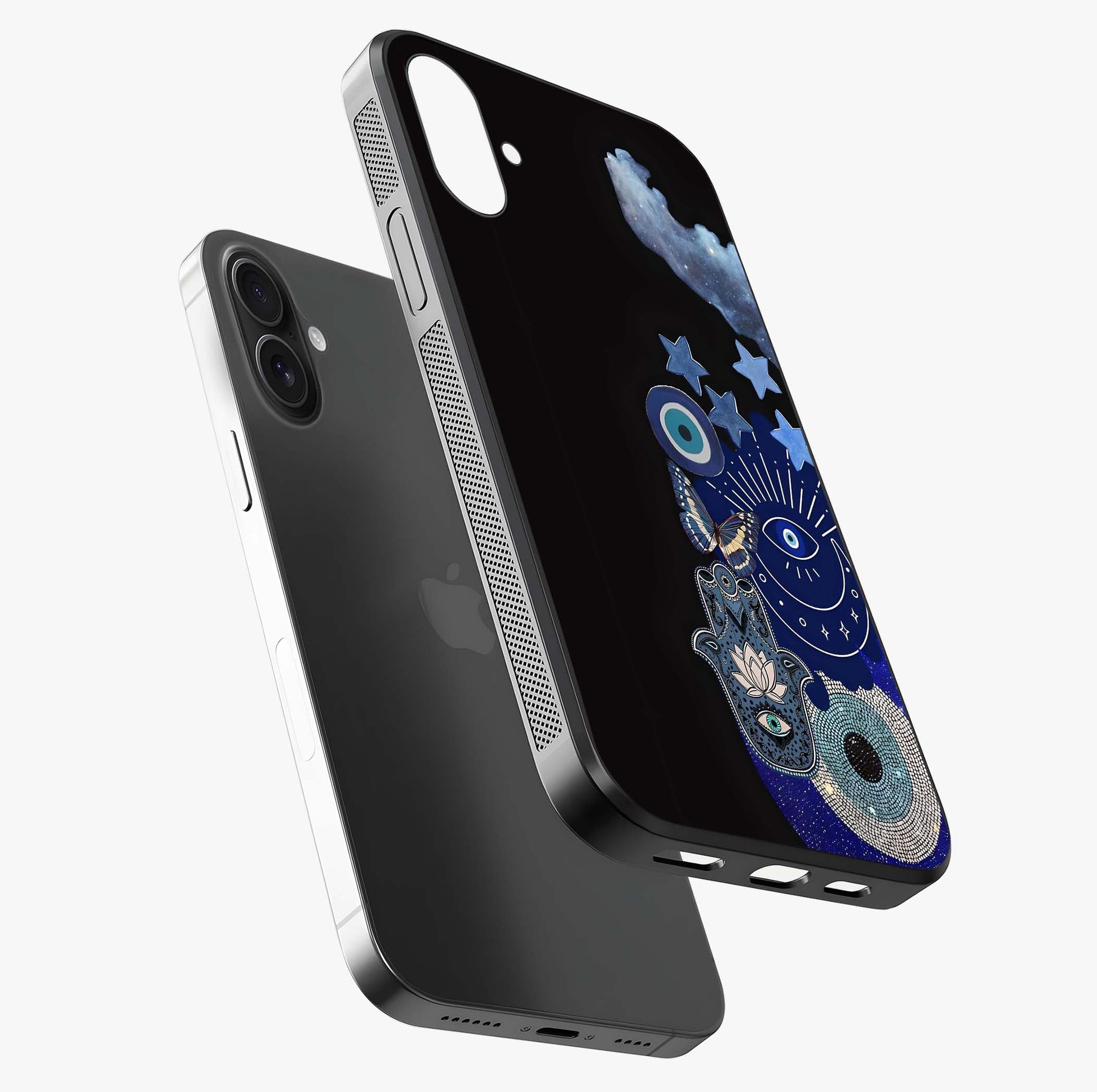 Galactic Charm Cluster Glass Case laid diagonally highlighting side profile, edges and glossy glass shine.