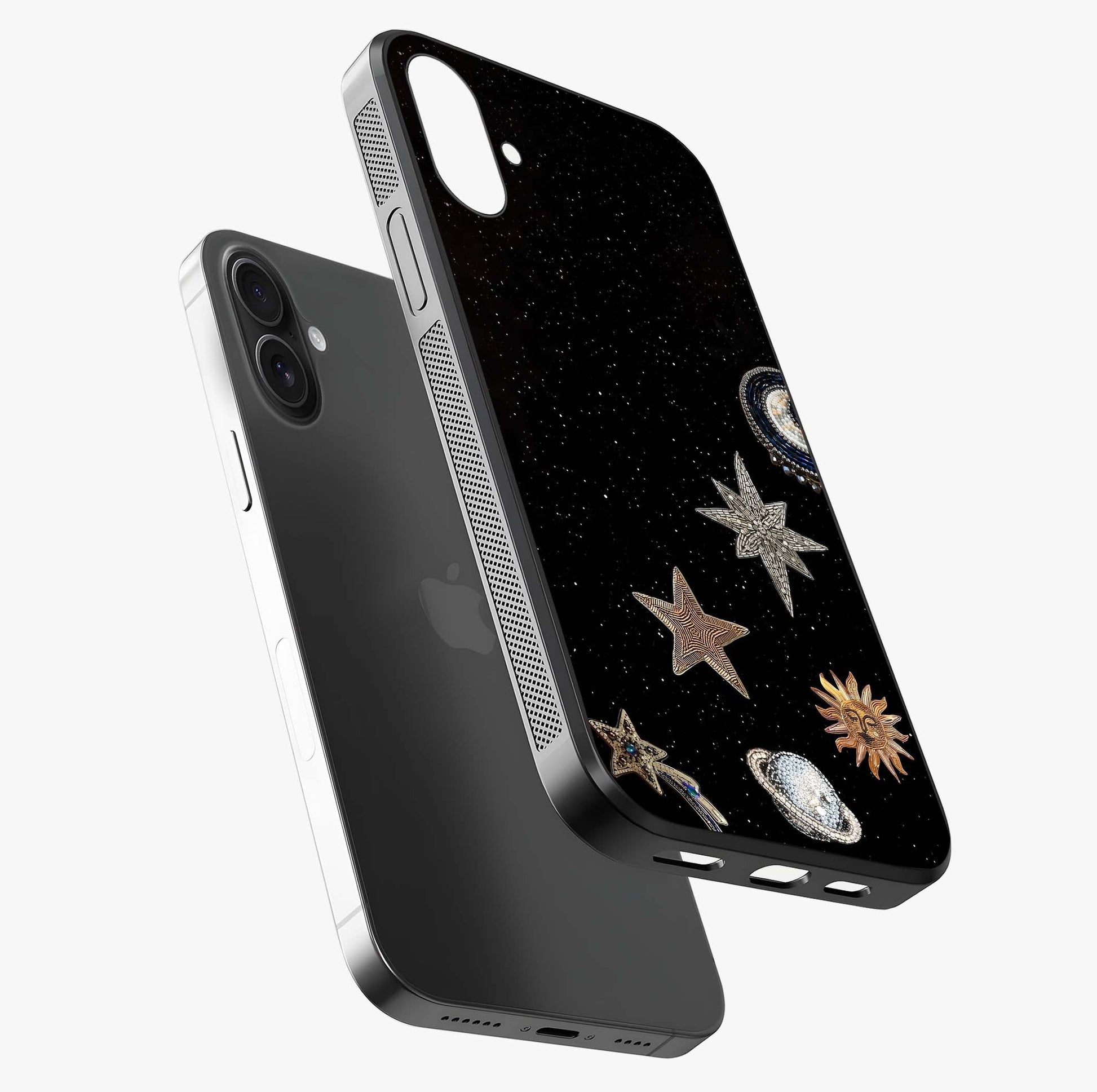 Galactic Charm Glow Glass Case laid diagonally highlighting side profile, edges and glossy glass shine.