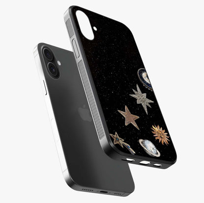 Galactic Charm Glow Glass Case laid diagonally highlighting side profile, edges and glossy glass shine.