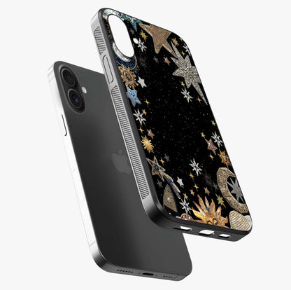 Galactic Jewel Stars Glass Case laid diagonally highlighting side profile, edges and glossy glass shine.