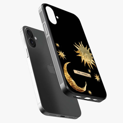 Golden Celestial Charm Glass Case laid diagonally highlighting side profile, edges and glossy glass shine.