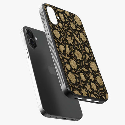 Golden Floral Majesty Glass Case laid diagonally highlighting side profile, edges and glossy glass shine.