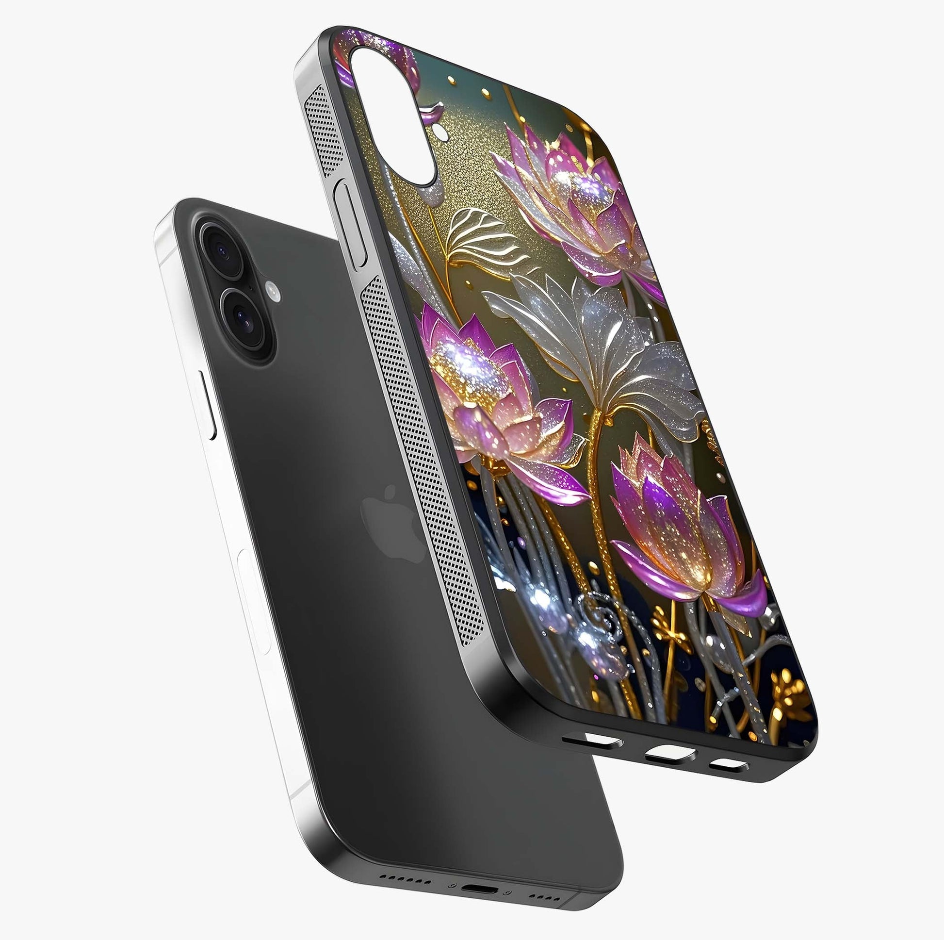 Golden Lotus Glow Glass Case laid diagonally highlighting side profile, edges and glossy glass shine.