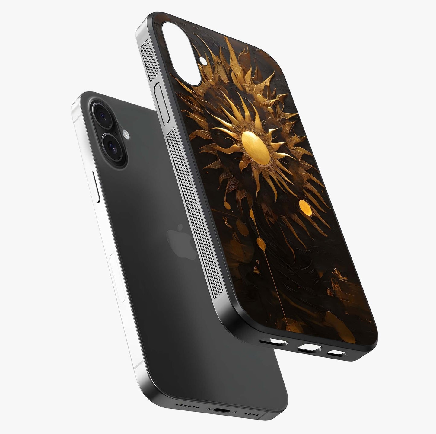 Golden Sun Majesty Glass Case laid diagonally highlighting side profile, edges and glossy glass shine.