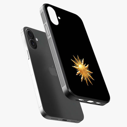 Golden Sun Minimalism Glass Case laid diagonally highlighting side profile, edges and glossy glass shine.
