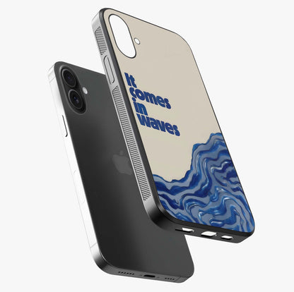 It Comes In Waves Quote Glass Case laid diagonally highlighting side profile, edges and glossy glass shine.