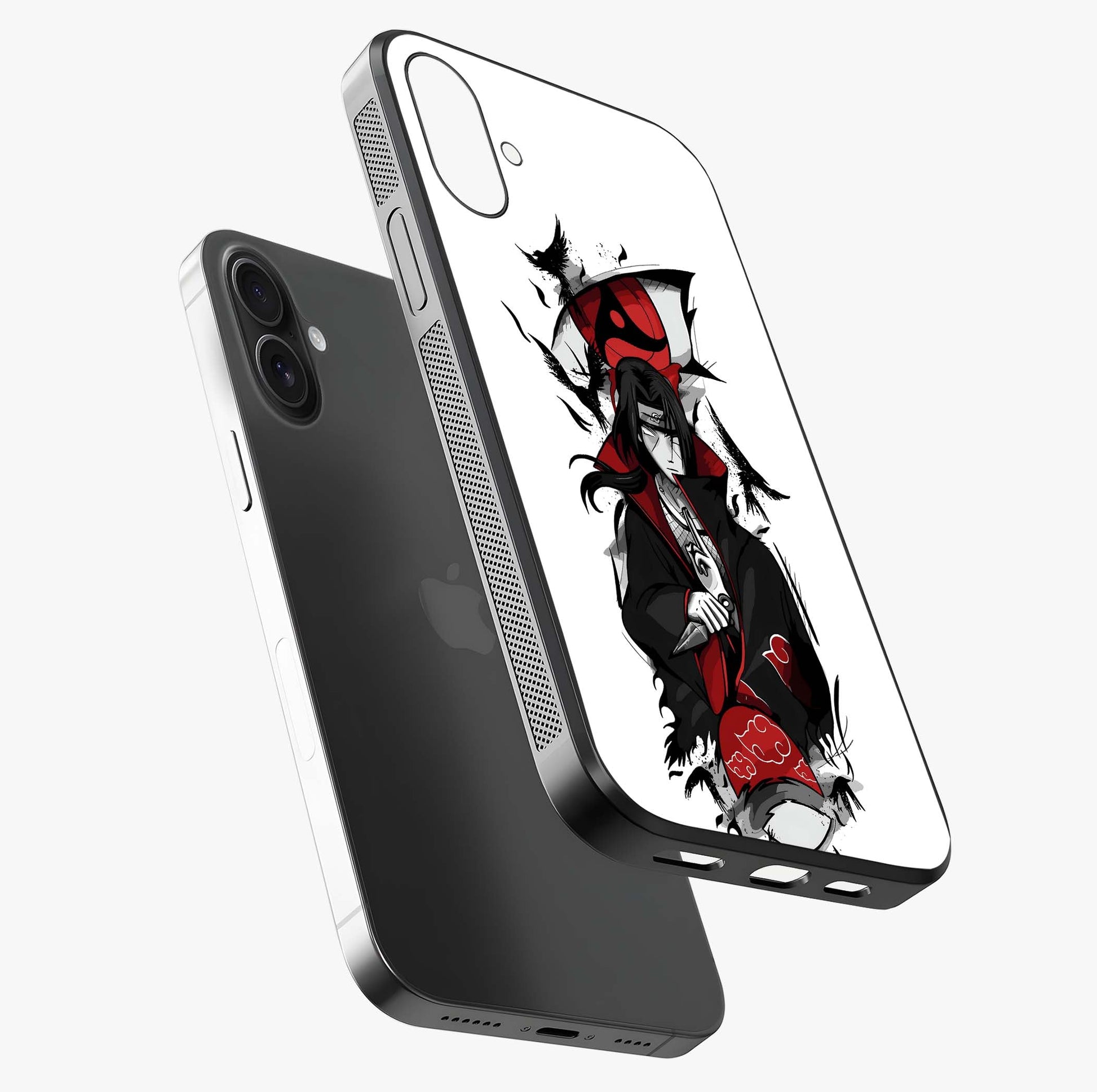 Itachi Sharingan Glass Case laid diagonally highlighting side profile, edges and glossy glass shine.