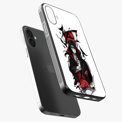 Itachi Sharingan Glass Case laid diagonally highlighting side profile, edges and glossy glass shine.