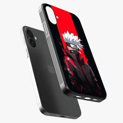 Kakashi Scarlet Shadow Glass Case laid diagonally highlighting side profile, edges and glossy glass shine.