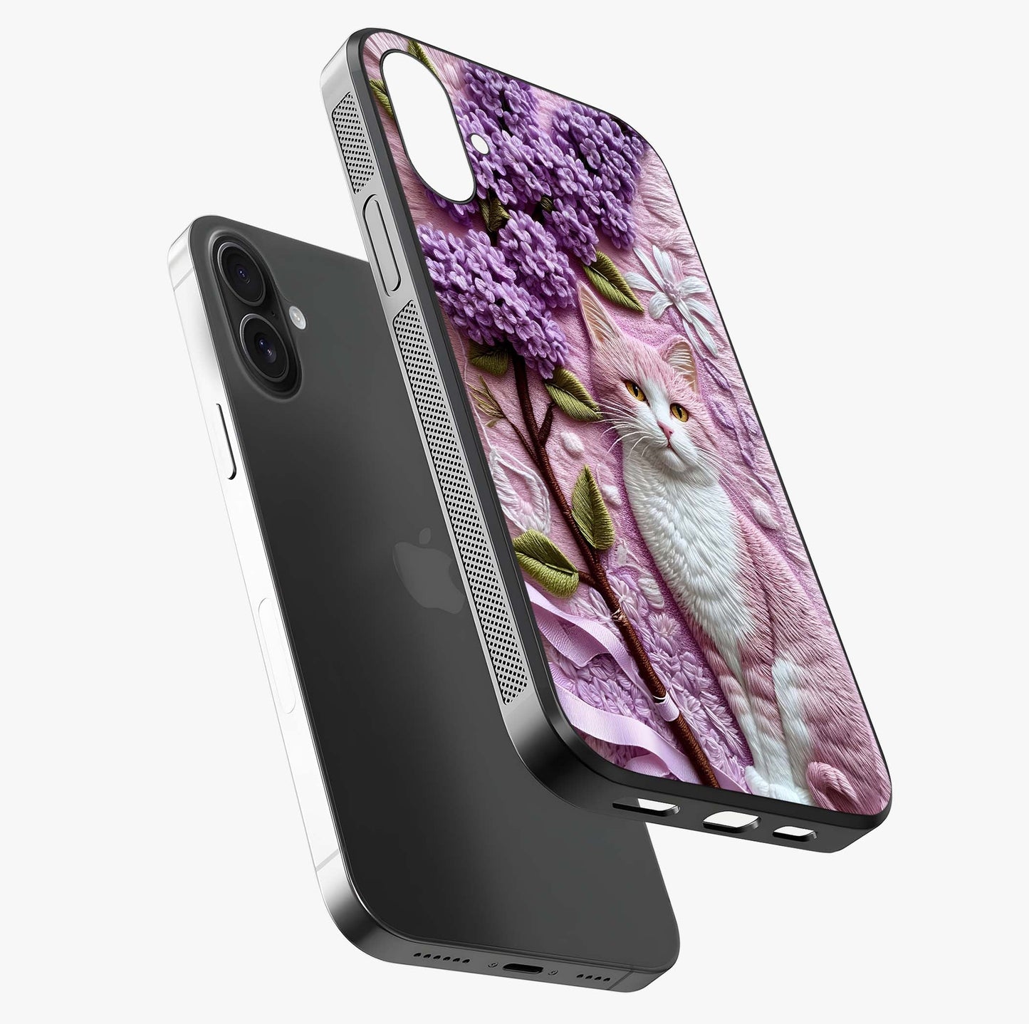 Lavender Cat Whimsy Glass Case laid diagonally highlighting side profile, edges and glossy glass shine.
