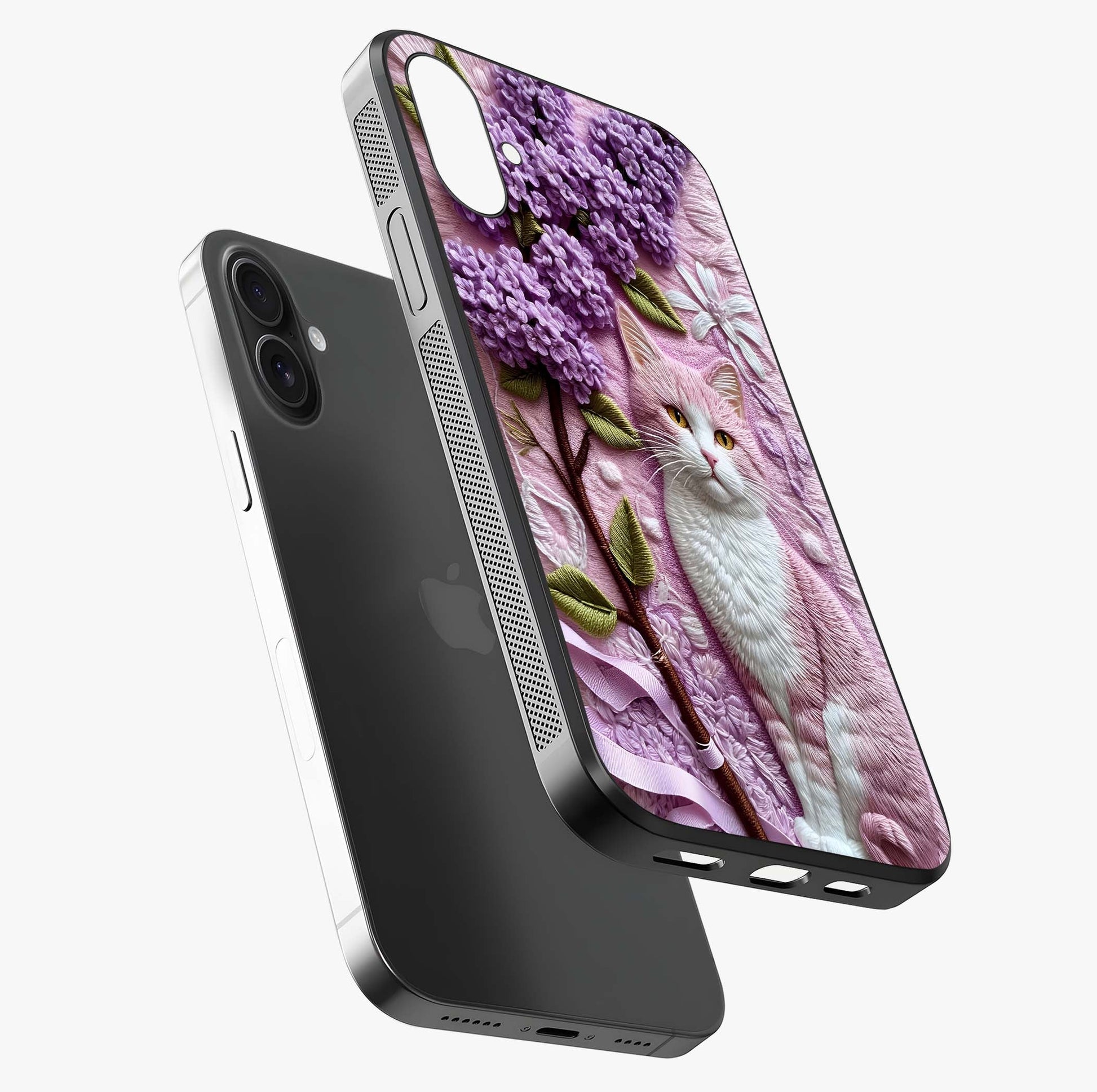 Lavender Cat Whimsy Glass Case laid diagonally highlighting side profile, edges and glossy glass shine.