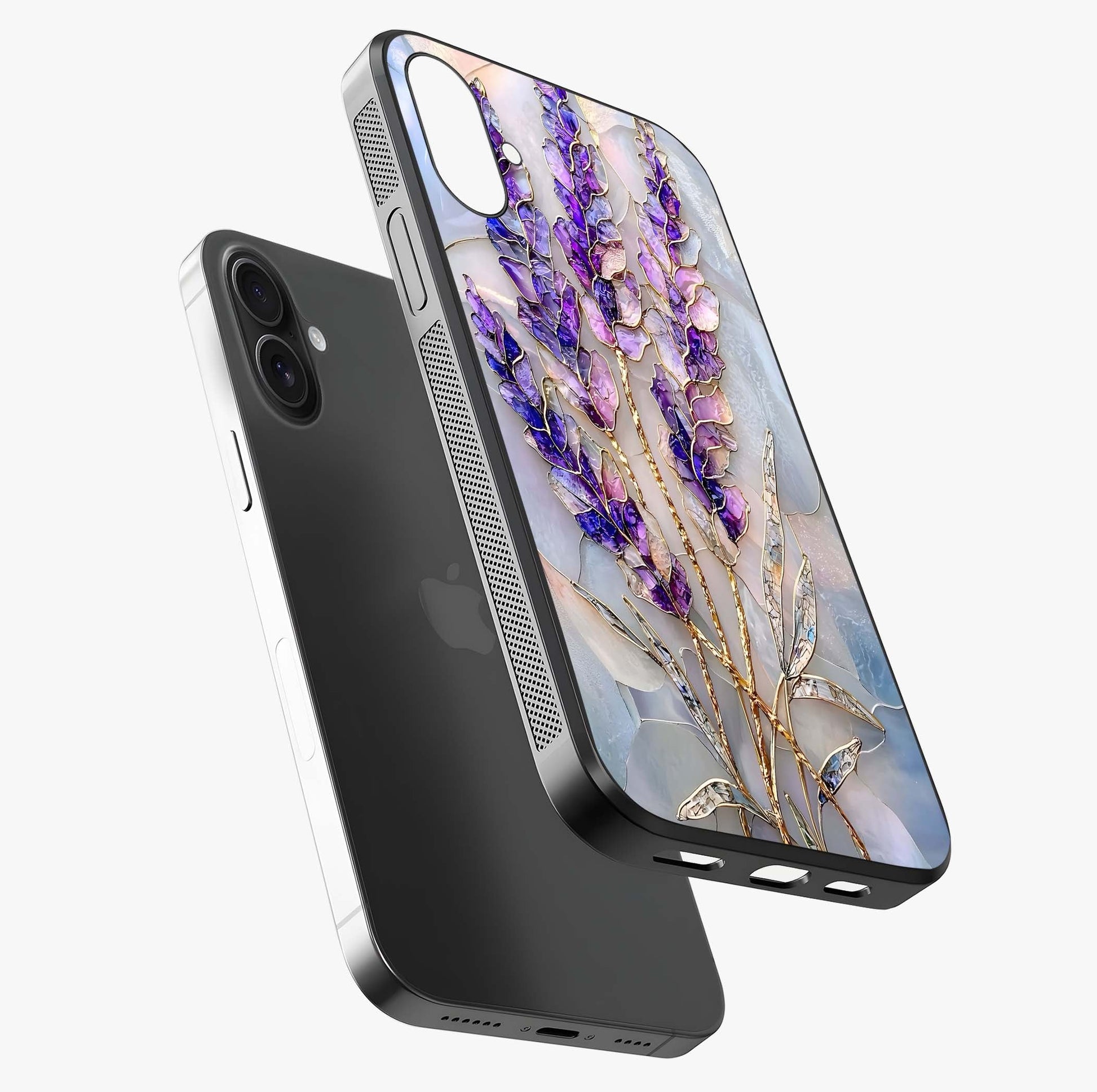 Lavender Dream Glow Glass Case laid diagonally highlighting side profile, edges and glossy glass shine.