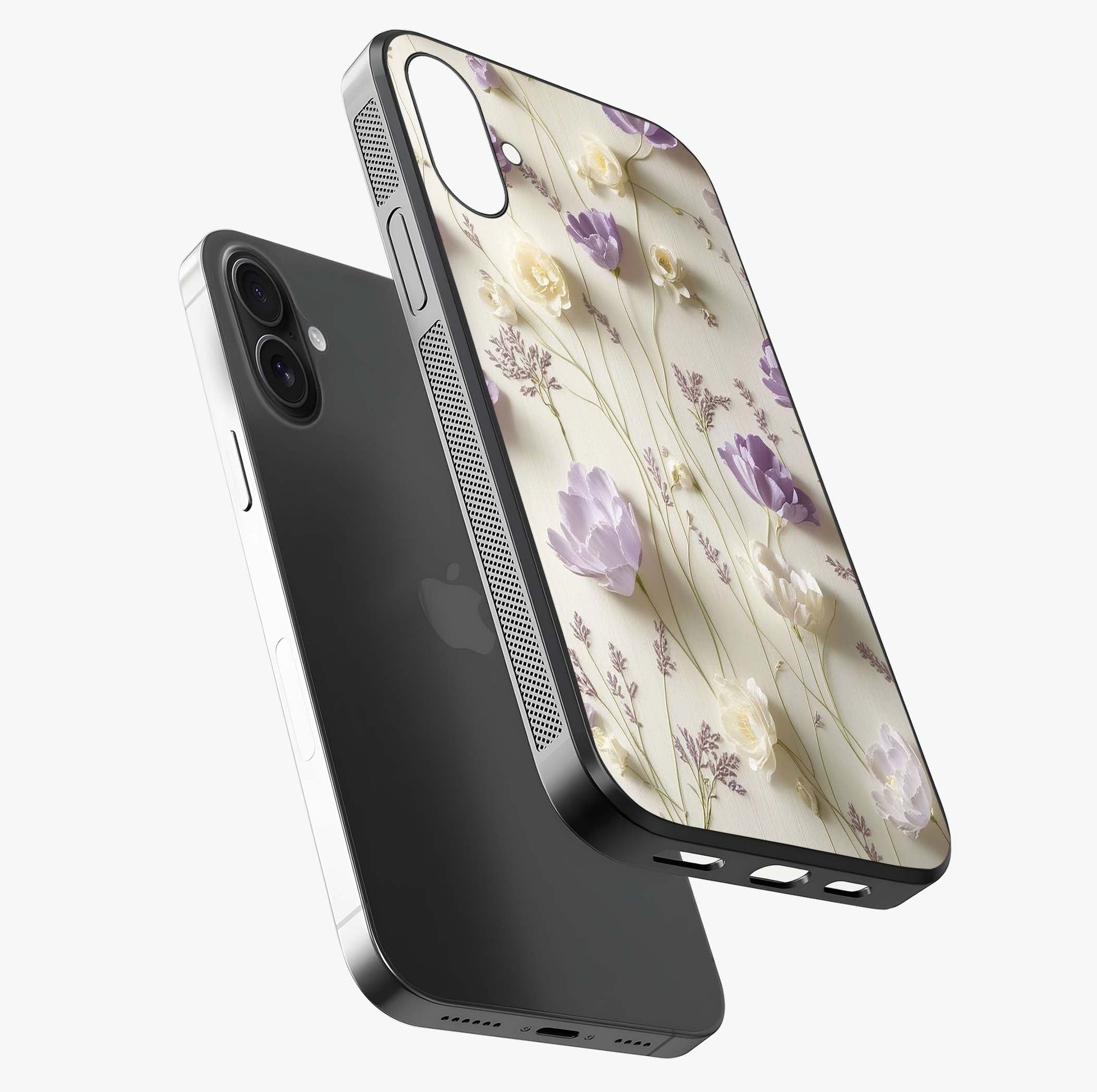 Lilac Breeze Harmony Glass Case laid diagonally highlighting side profile, edges and glossy glass shine.