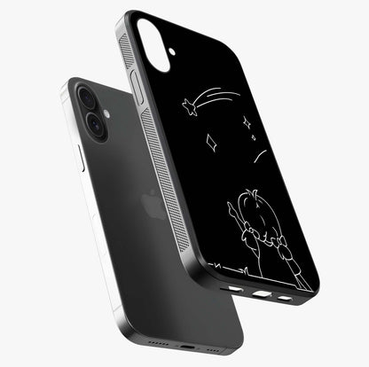 Line Art Girl With Shooting Stars Glass Case laid diagonally highlighting side profile, edges and glossy glass shine.