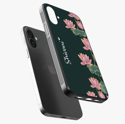 Lotus Bloom Serenity Custom Name Glass Case laid diagonally highlighting side profile, edges and glossy glass shine.