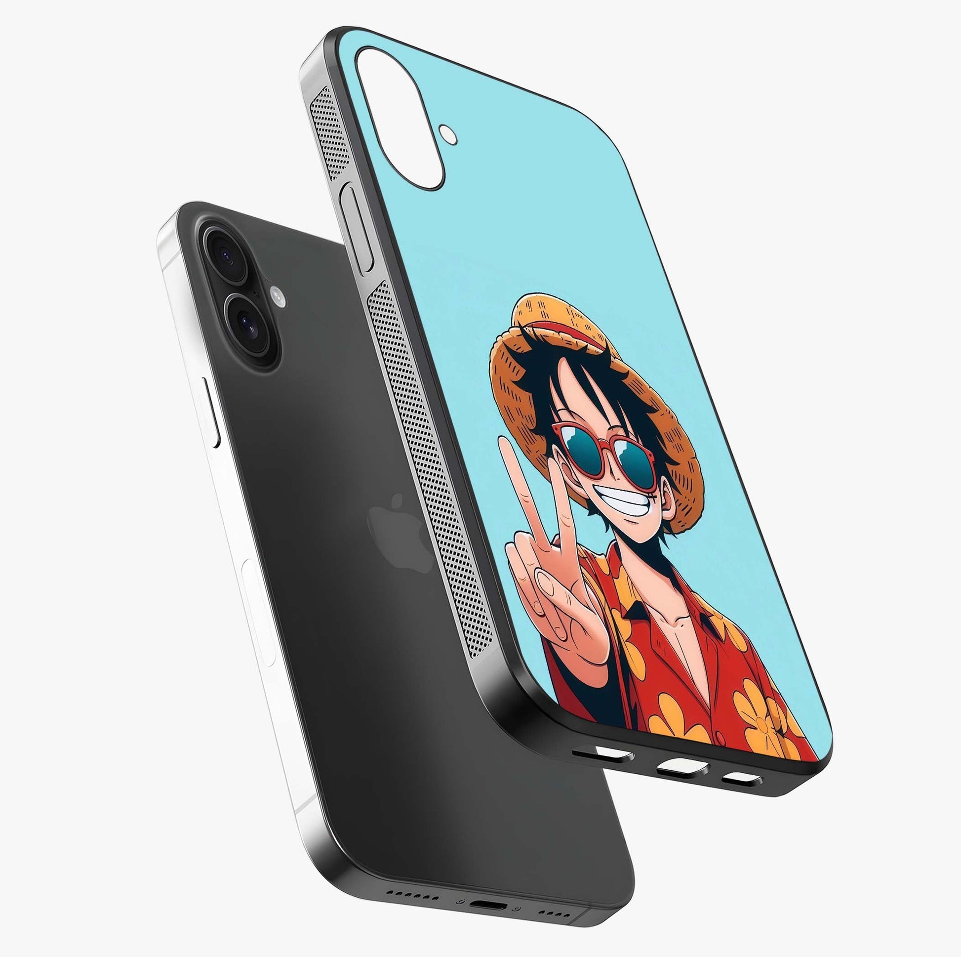 Luffy Summer Anime Vibe Glass Case laid diagonally highlighting side profile, edges and glossy glass shine.