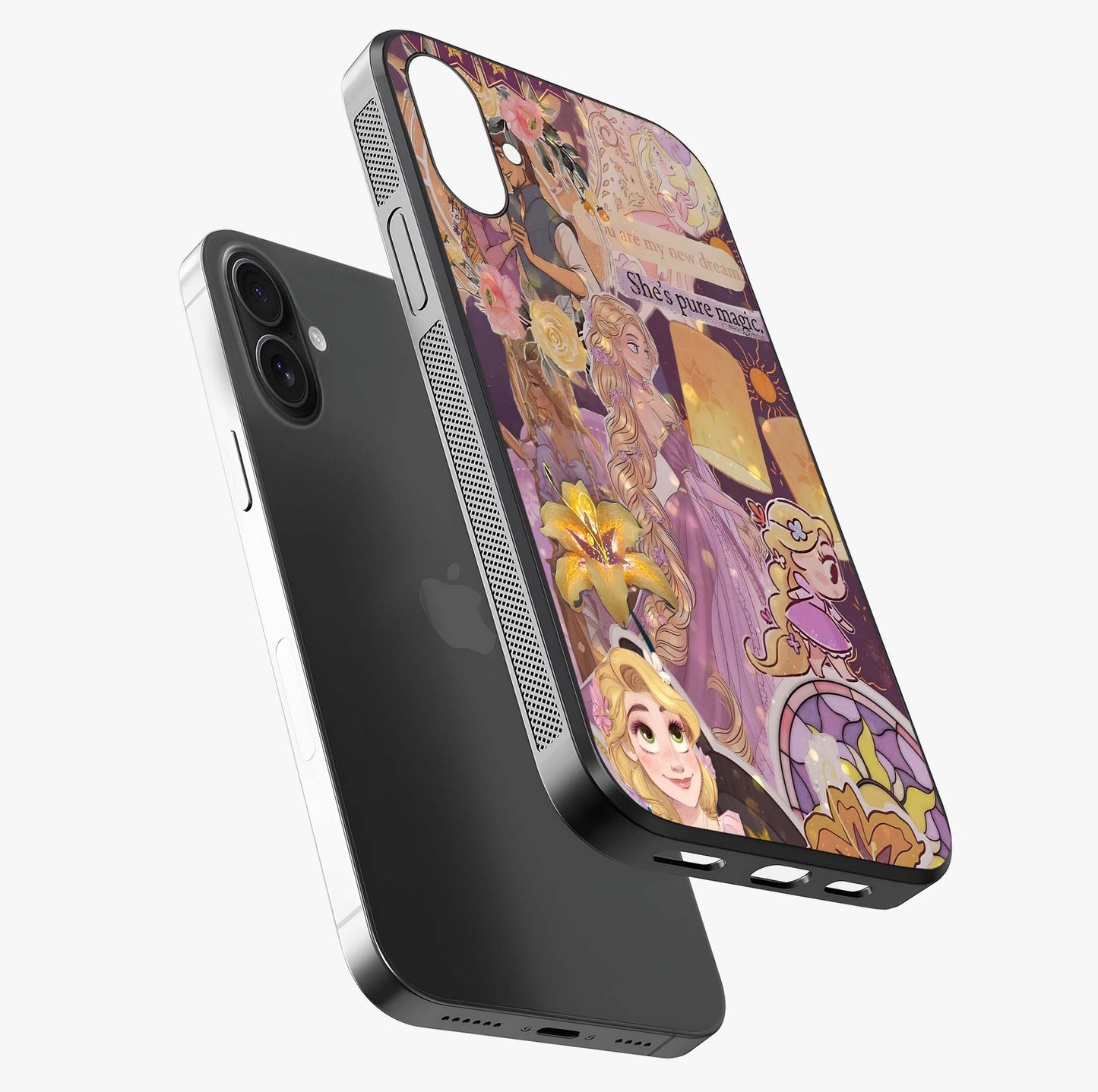 Magical Tangled Dream Glass Case laid diagonally highlighting side profile, edges and glossy glass shine.