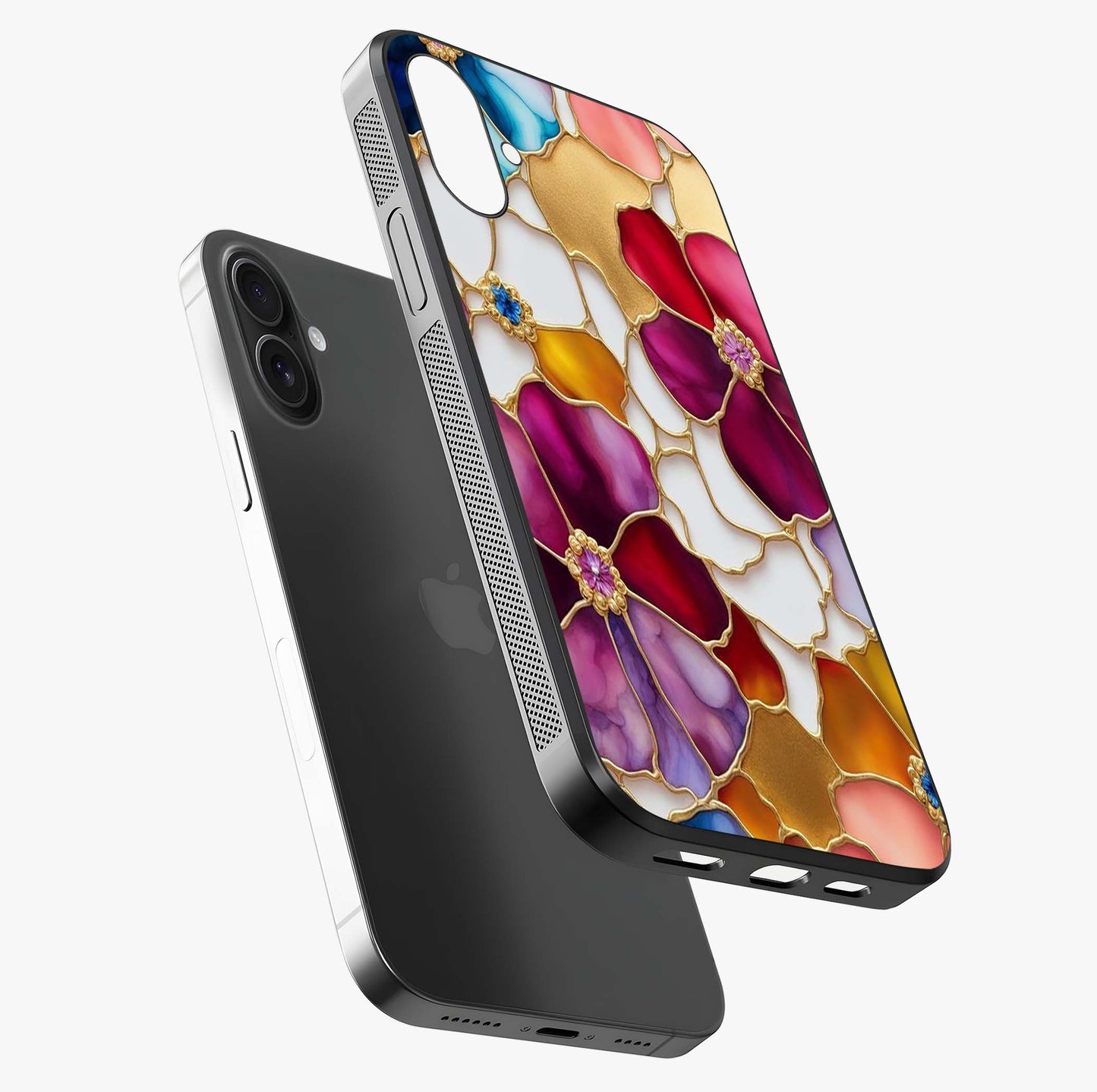 Marble Flower Pattern Glass Case laid diagonally highlighting side profile, edges and glossy glass shine.