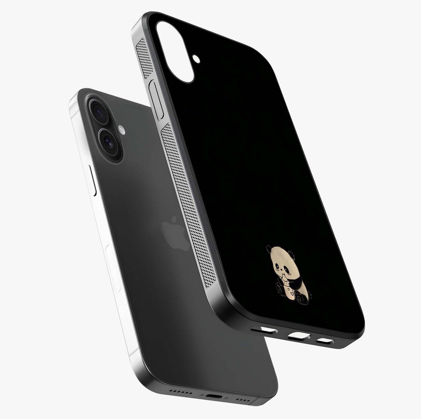 Midnight Panda Love Glass Case laid diagonally highlighting side profile, edges and glossy glass shine.