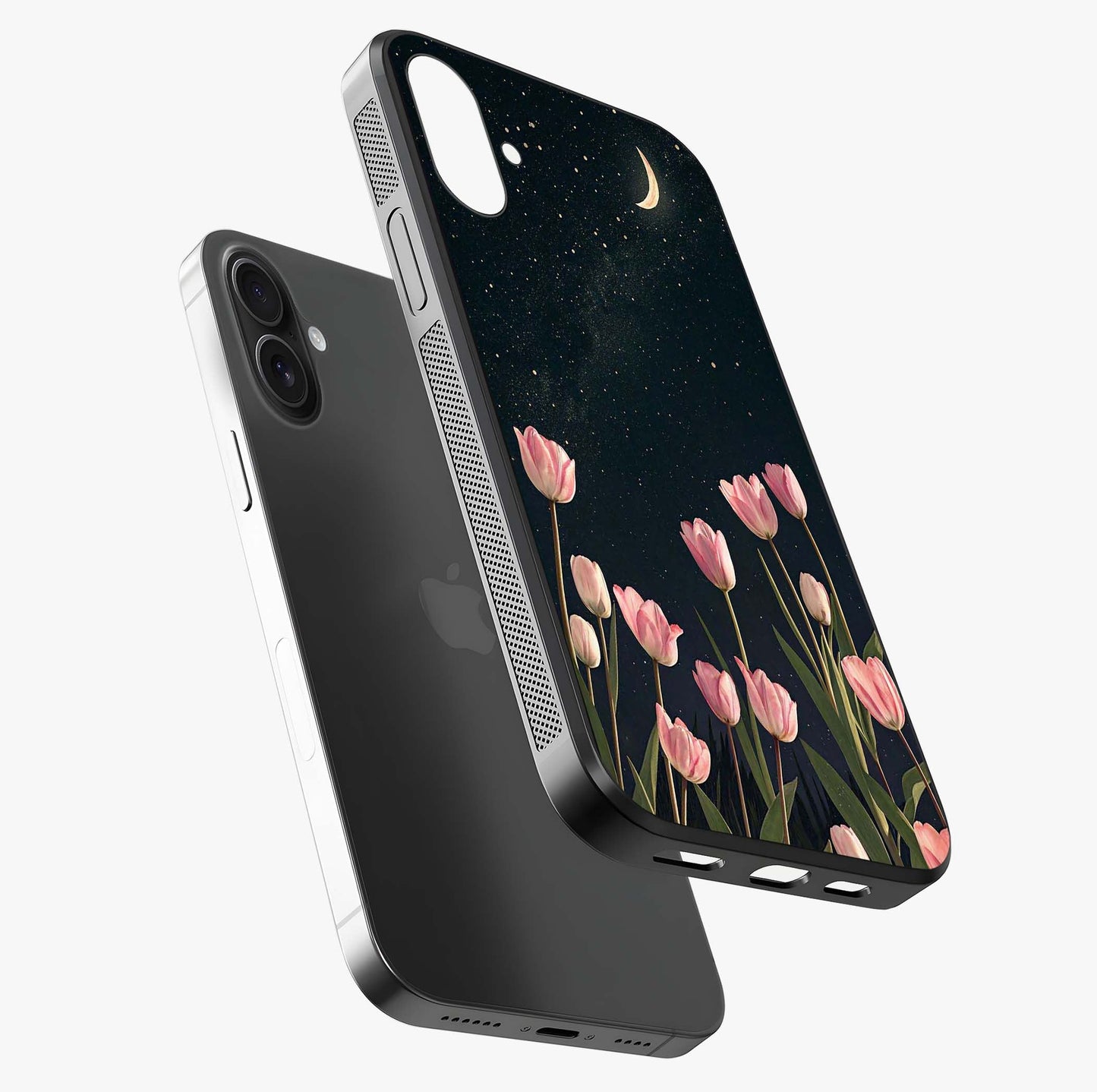 Midnight Tulip Whispers Vibe Glass Case laid diagonally highlighting side profile, edges and glossy glass shine.