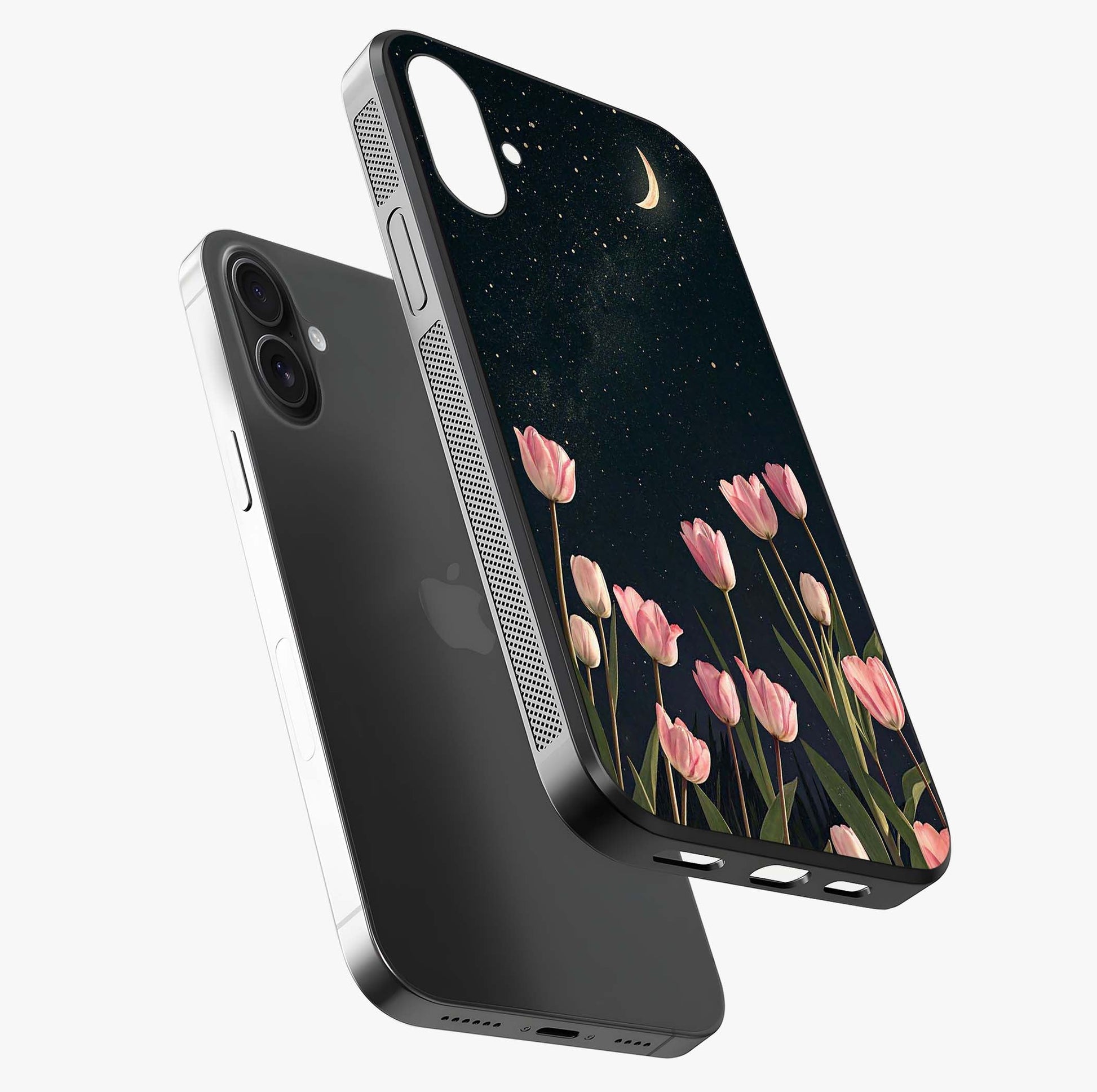Midnight Tulip Whispers Vibe Glass Case laid diagonally highlighting side profile, edges and glossy glass shine.