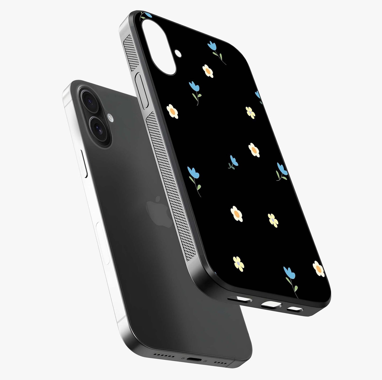 Minimalistic Blue With White Flower Pattern Glass Case laid diagonally highlighting side profile, edges and glossy glass shine.