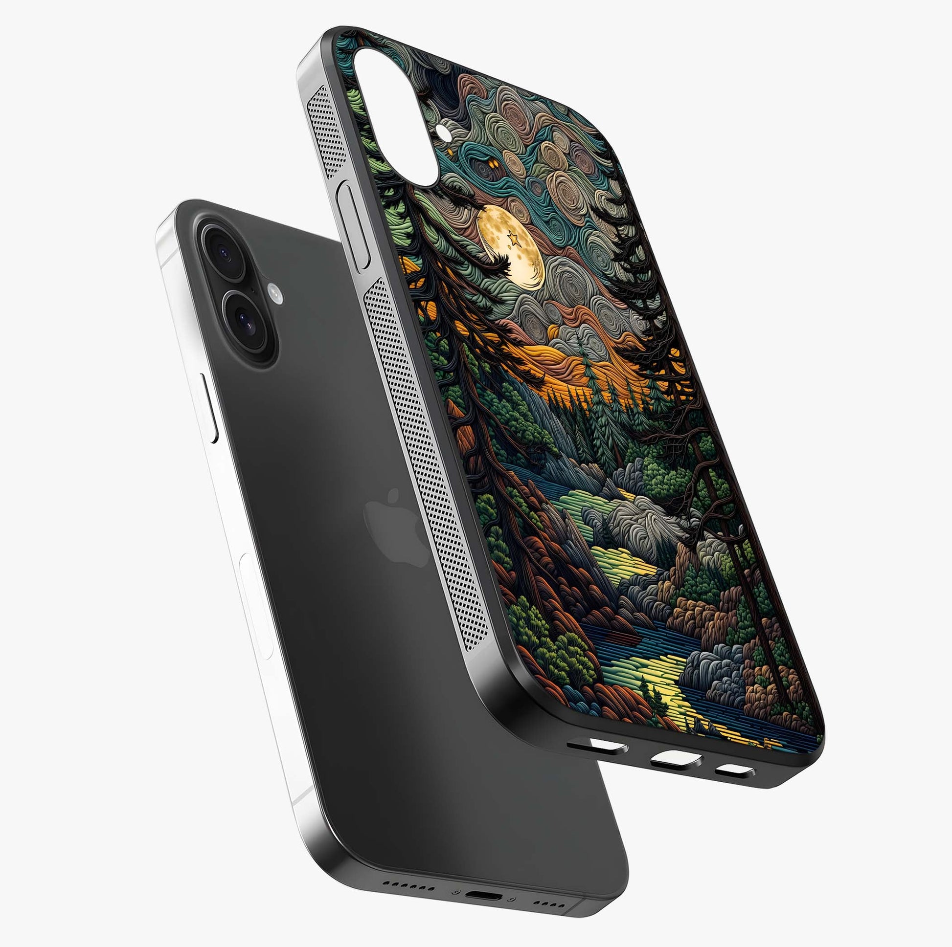 Moonlight Forest Dream Glass Case laid diagonally highlighting side profile, edges and glossy glass shine.