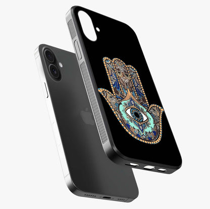 Mystic Hamsa Eye Glass Case laid diagonally highlighting side profile, edges and glossy glass shine.