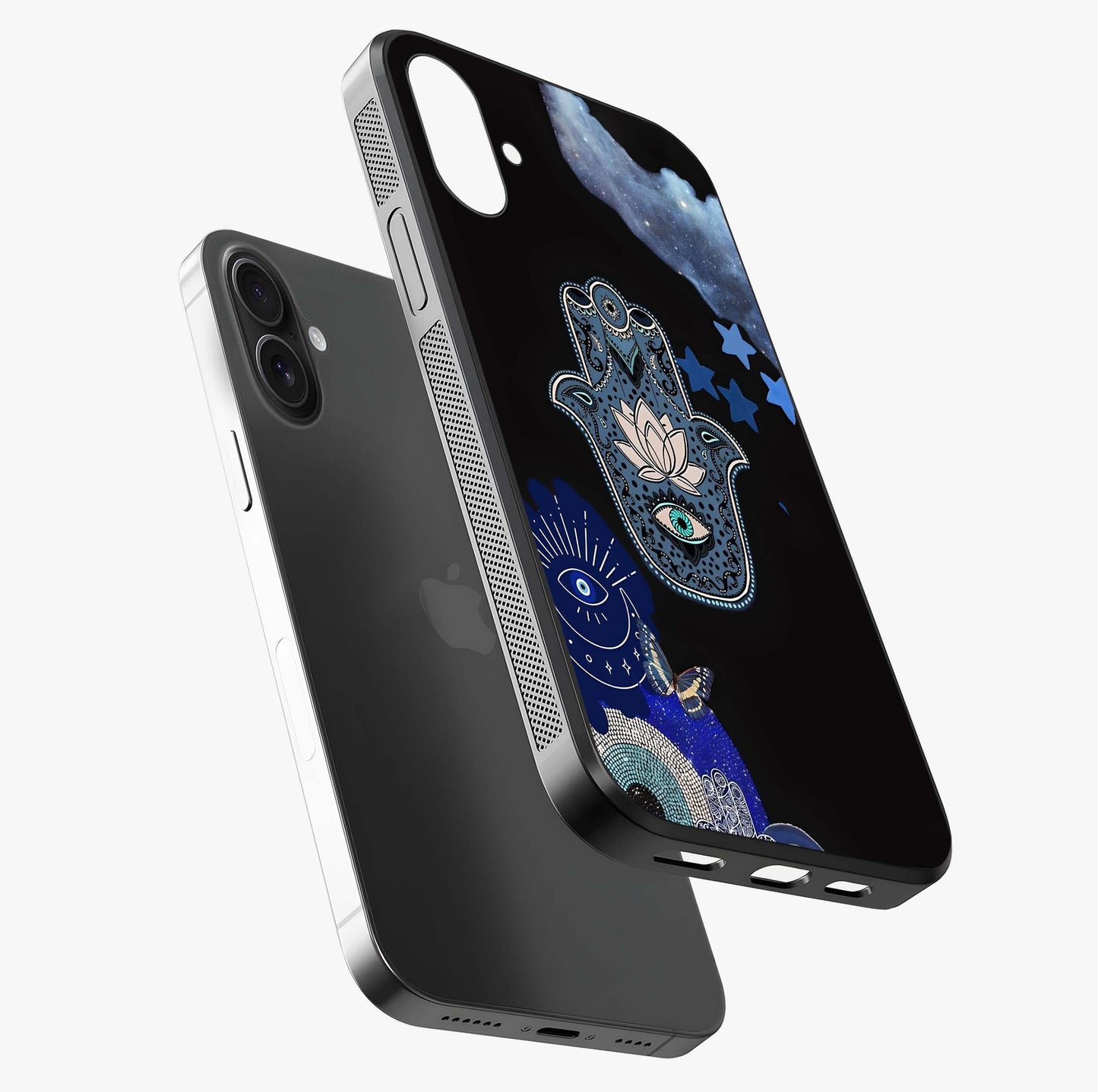 Mystic Hand Aura Glass Case laid diagonally highlighting side profile, edges and glossy glass shine.