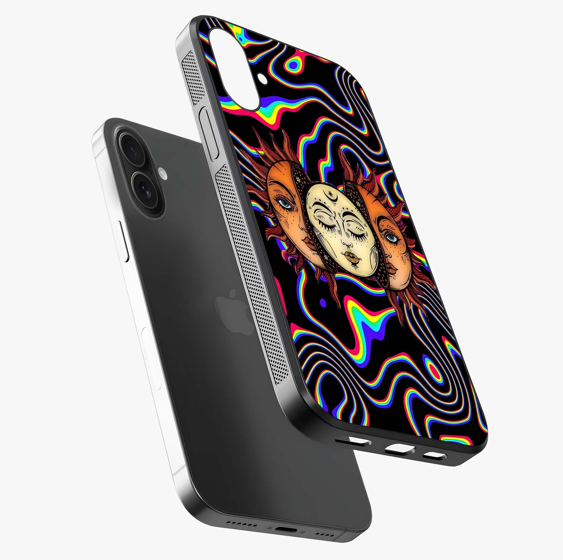 Psychedelic Sun Glass Case laid diagonally highlighting side profile, edges and glossy glass shine.