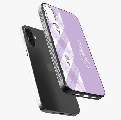 Purple Diamond Floral Glass Case laid diagonally highlighting side profile, edges and glossy glass shine.