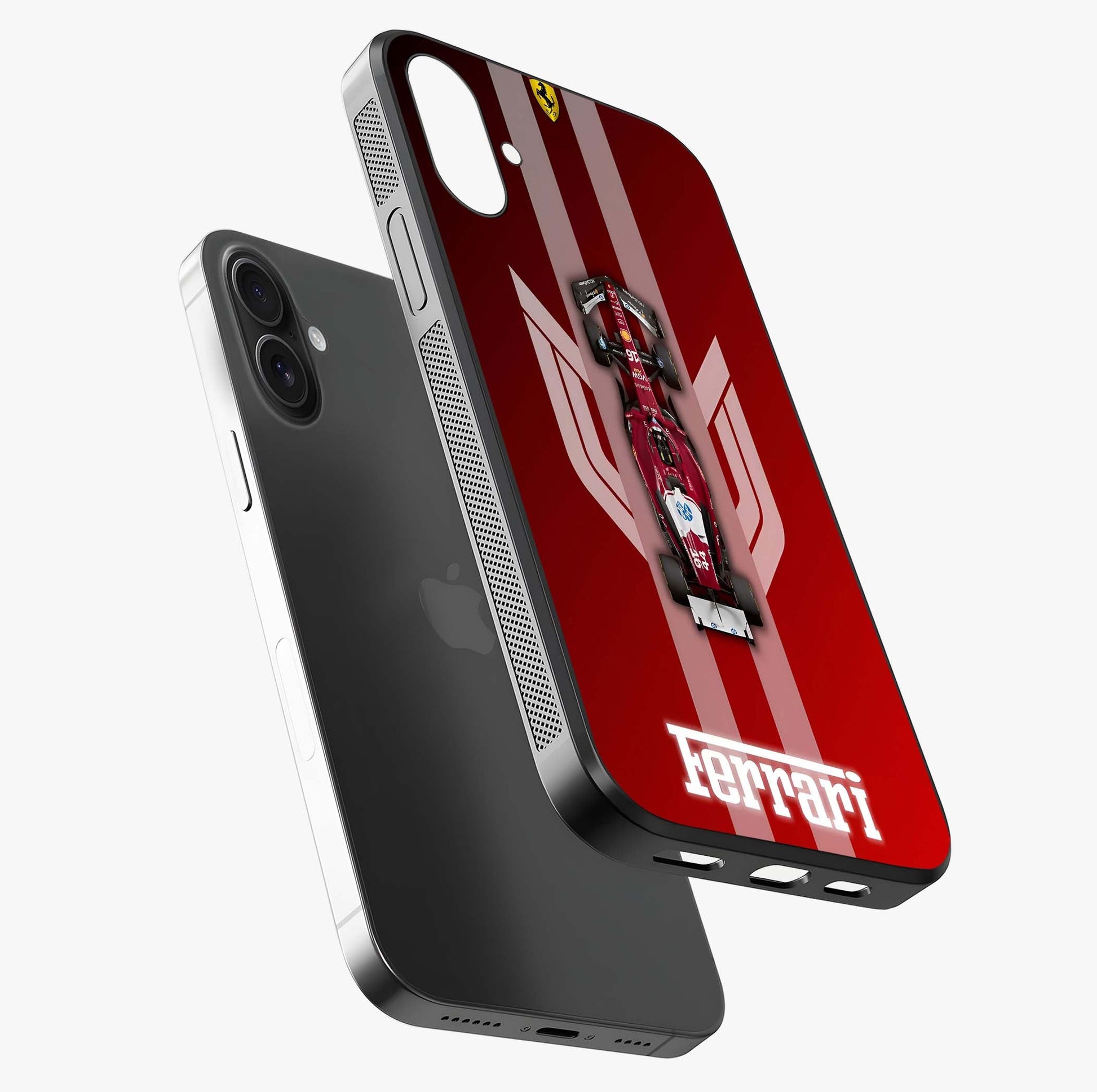 Red Ferrari F1 Vertical Glass Case laid diagonally highlighting side profile, edges and glossy glass shine.
