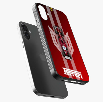 Red Ferrari F1 Vertical Glass Case laid diagonally highlighting side profile, edges and glossy glass shine.