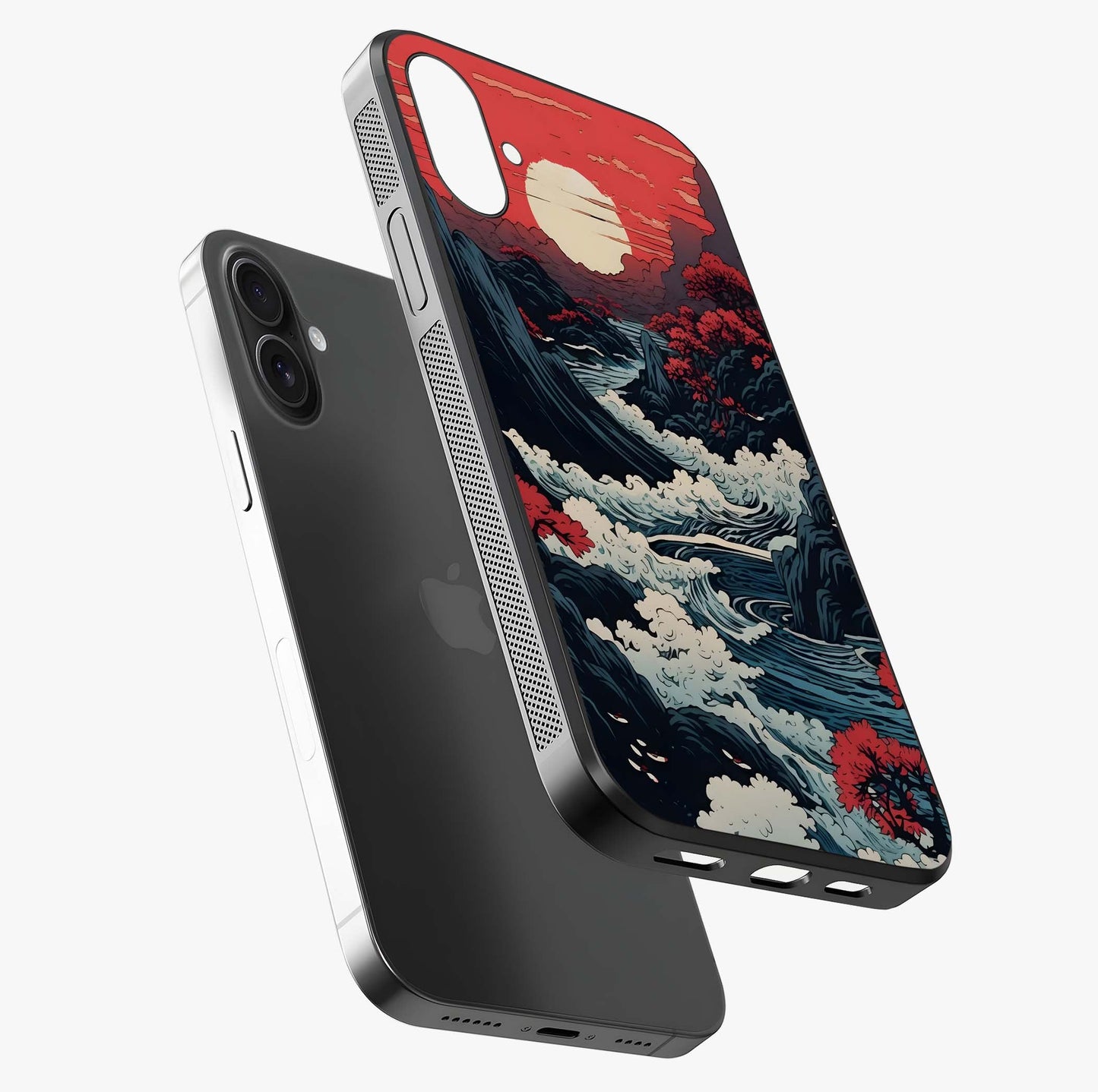 Red Sunset Scenery Glass Case laid diagonally highlighting side profile, edges and glossy glass shine.