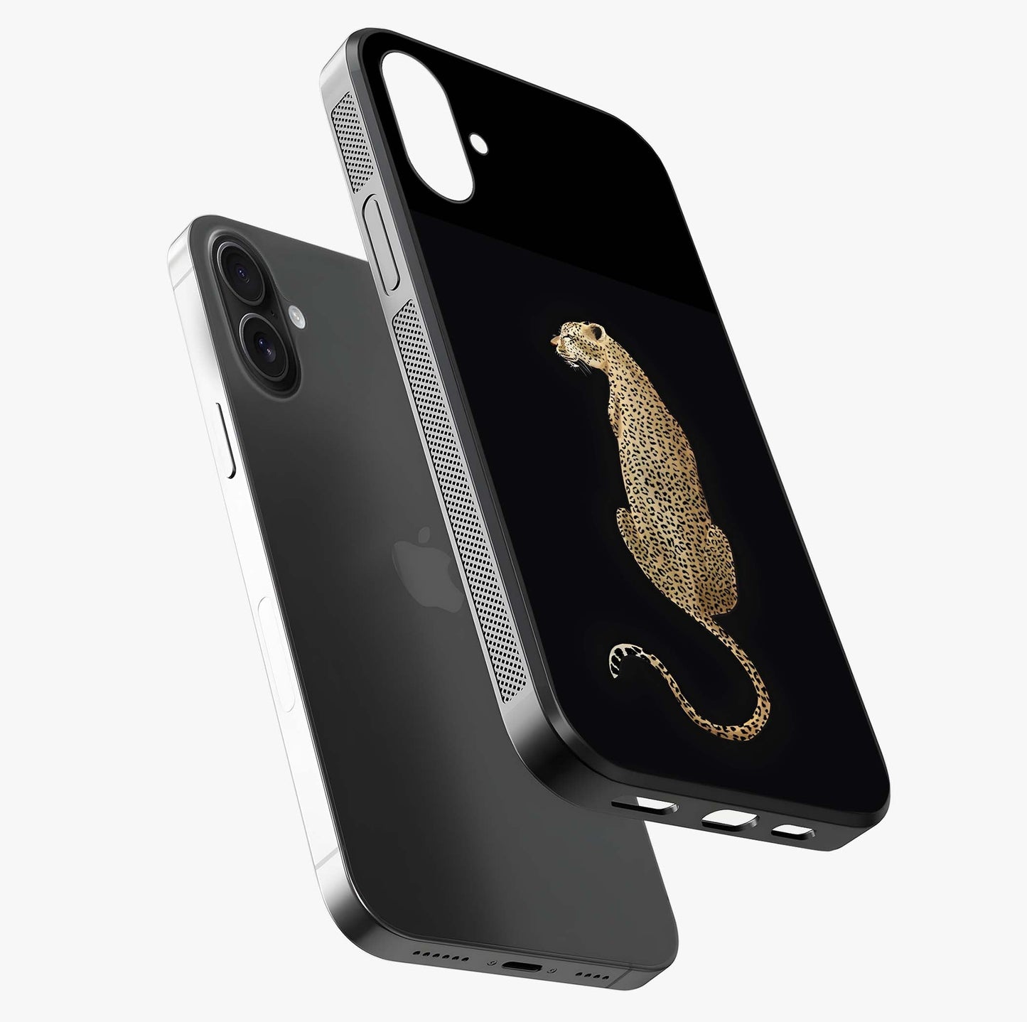 Regal Leopard Glass Case laid diagonally highlighting side profile, edges and glossy glass shine.