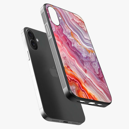 Rose Quartz Marble Glass Case laid diagonally highlighting side profile, edges and glossy glass shine.