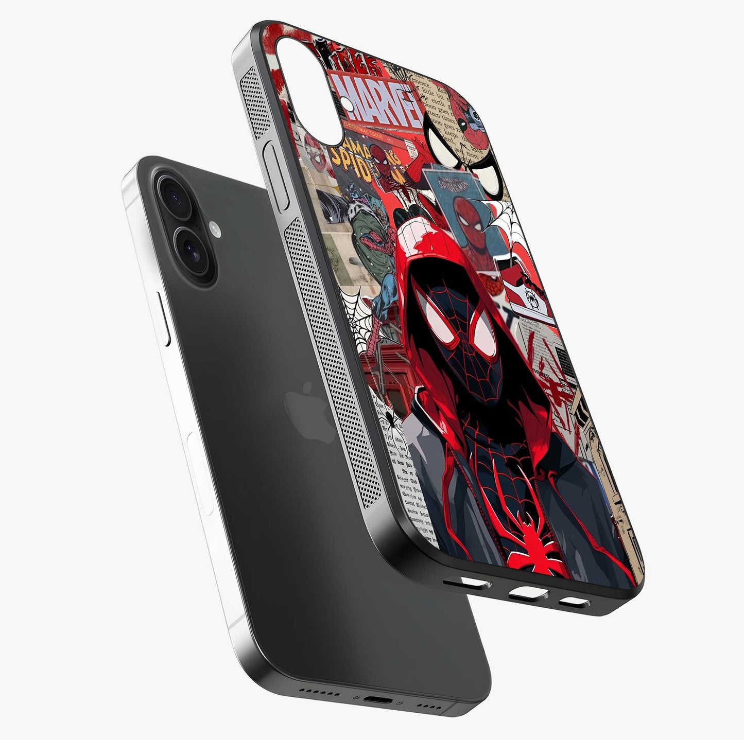 Spider Collage Street Glass Case laid diagonally highlighting side profile, edges and glossy glass shine.