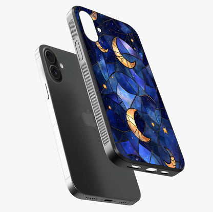 Starlit Sky Tapestry Glass Case laid diagonally highlighting side profile, edges and glossy glass shine.