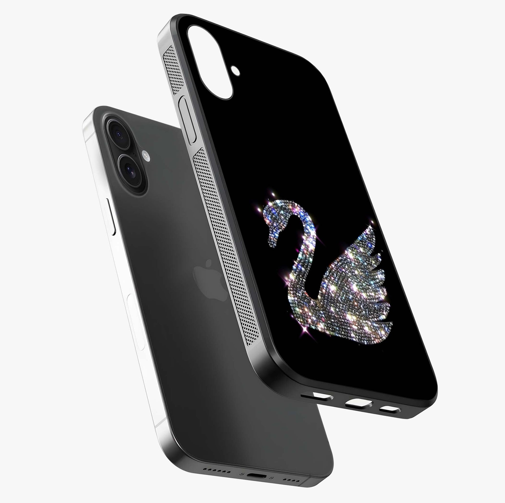 Starlit Swan Grace Glass Case laid diagonally highlighting side profile, edges and glossy glass shine.