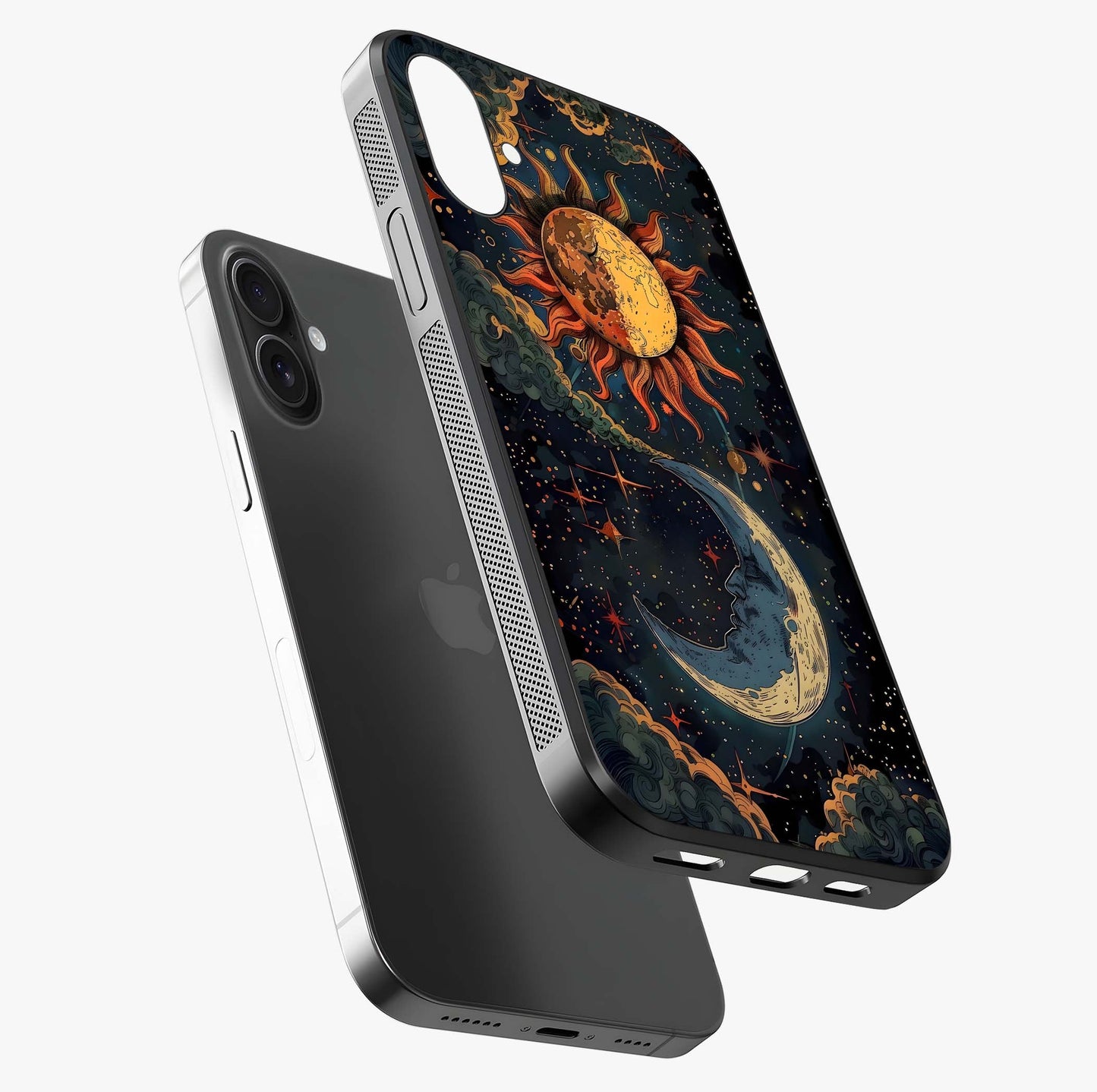 Sun And Moon Magic Design Glass Case laid diagonally highlighting side profile, edges and glossy glass shine.